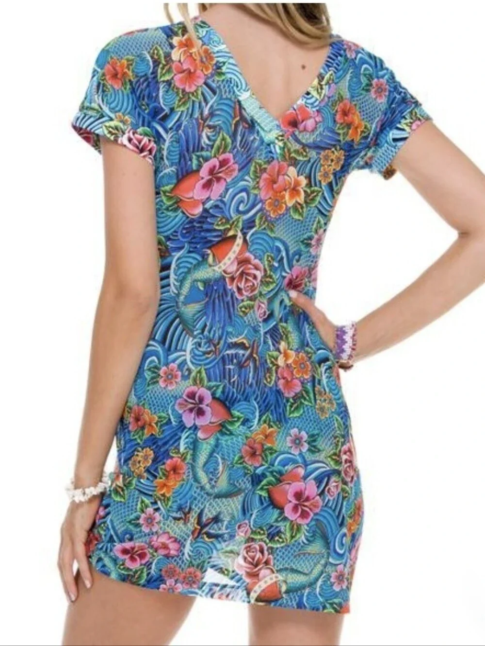 Luli Fama Inked Babe Mesh V Neck Bodycon Dress Swim Cover Up Multicolor Size Med